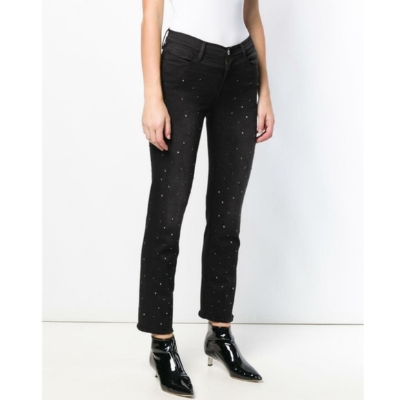 FRAME LE HIGH STRAIGHT-LEG EMBELLISHED JEANS IN JET STONE - Picture 1 of 5